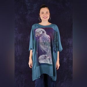 Blue Fish 1255 Art Tee Tunic Slate Blue-P One Size Hand Printed USA Organic NWT